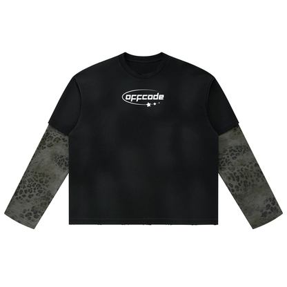 Unisex Vintage Wash Leopard Paneled Layer T-Shirt