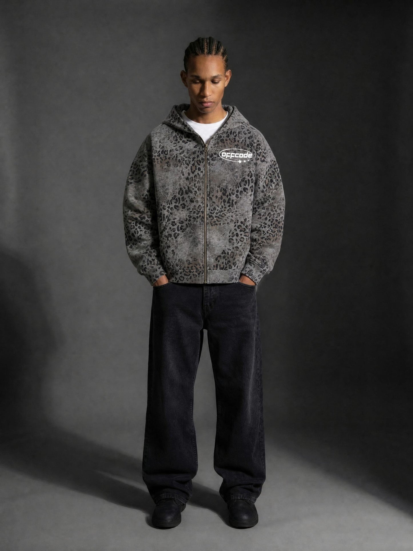 Unisex Vintage Wash Leopard Full Zip Hoodie