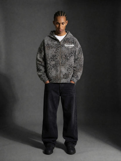 Unisex Vintage Wash Leopard Full Zip Hoodie